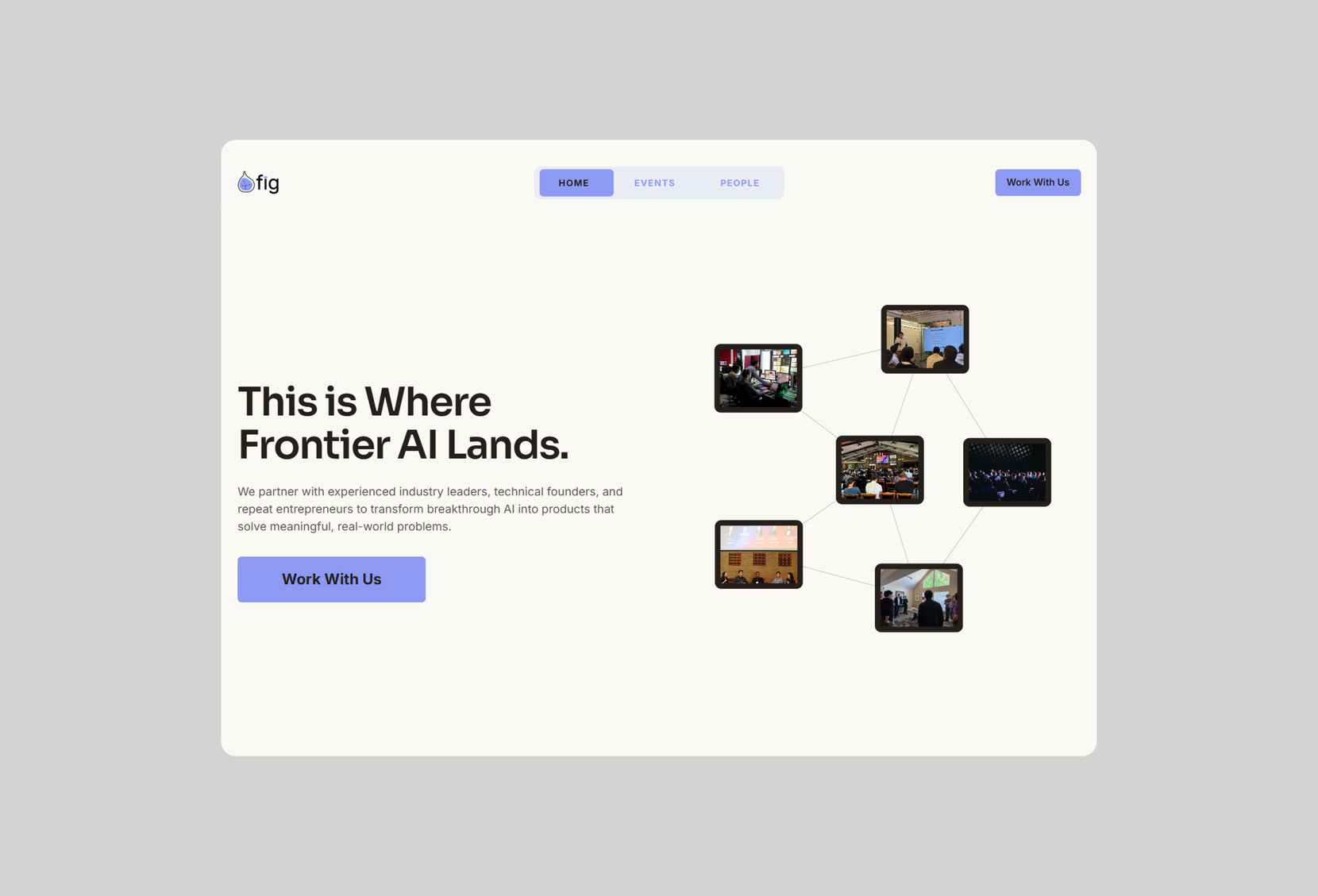 FIG Studio homepage redesign, showing the node-network hero and Home, Events, and People navigation