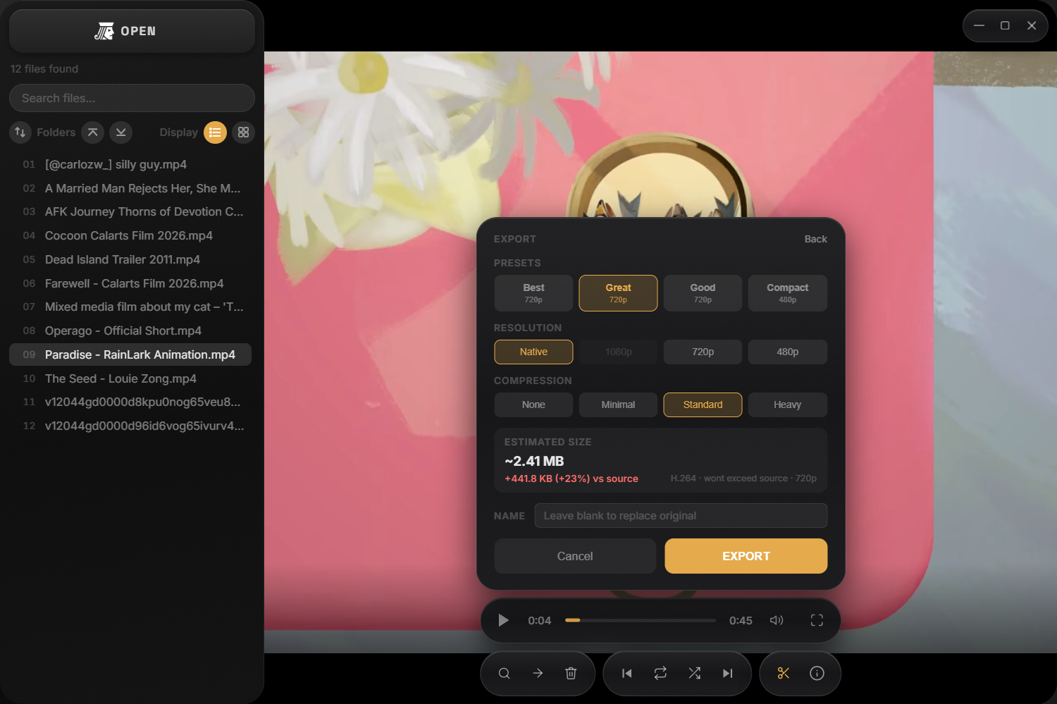 Jaco Media export screen with presets, resolution, and compression options