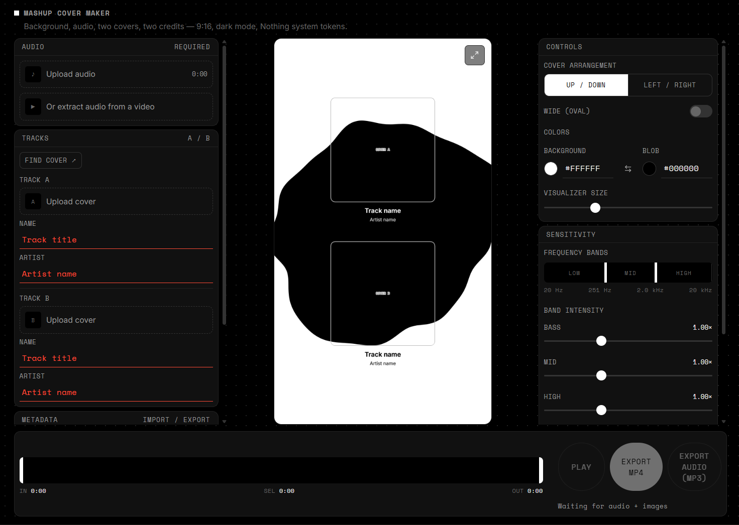 First working prototype of m4shed's mashup cover maker, showing audio upload, track A/B metadata fields, visualizer preview, and controls for cover arrangement, colors, and frequency-band sensitivity, all on one screen