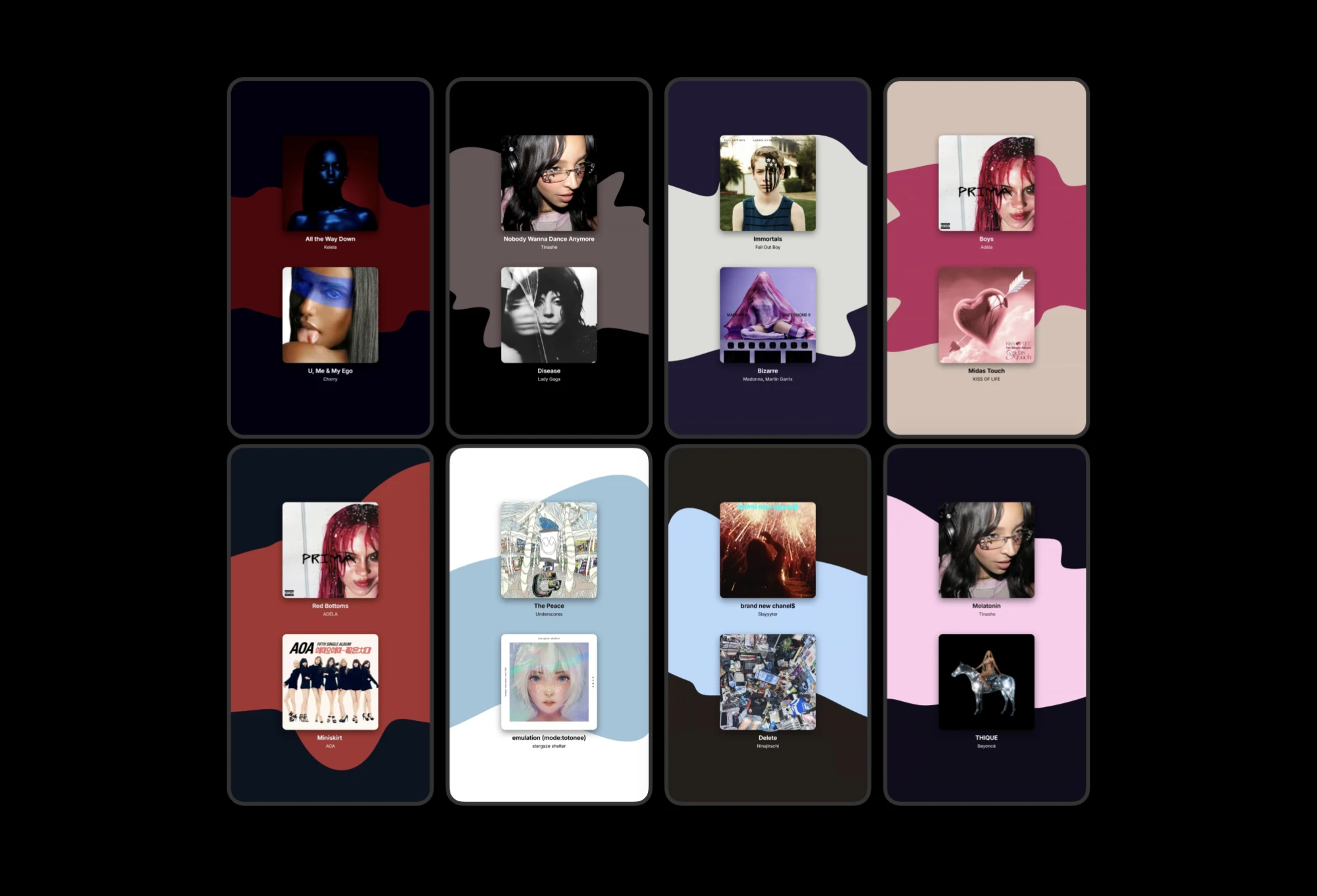 Eight finished m4shed mashup videos in a grid, each pairing two songs' album covers over a custom audio-reactive visualizer