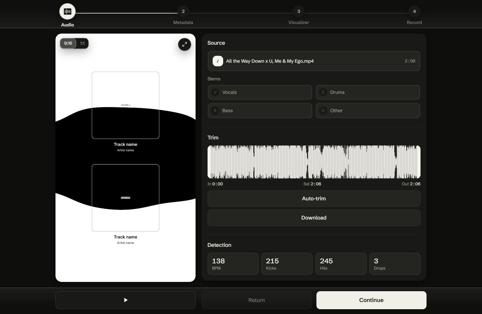 Audio step: source file, stem toggles, waveform trim with auto-trim, and detected BPM, kicks, hits, and drops