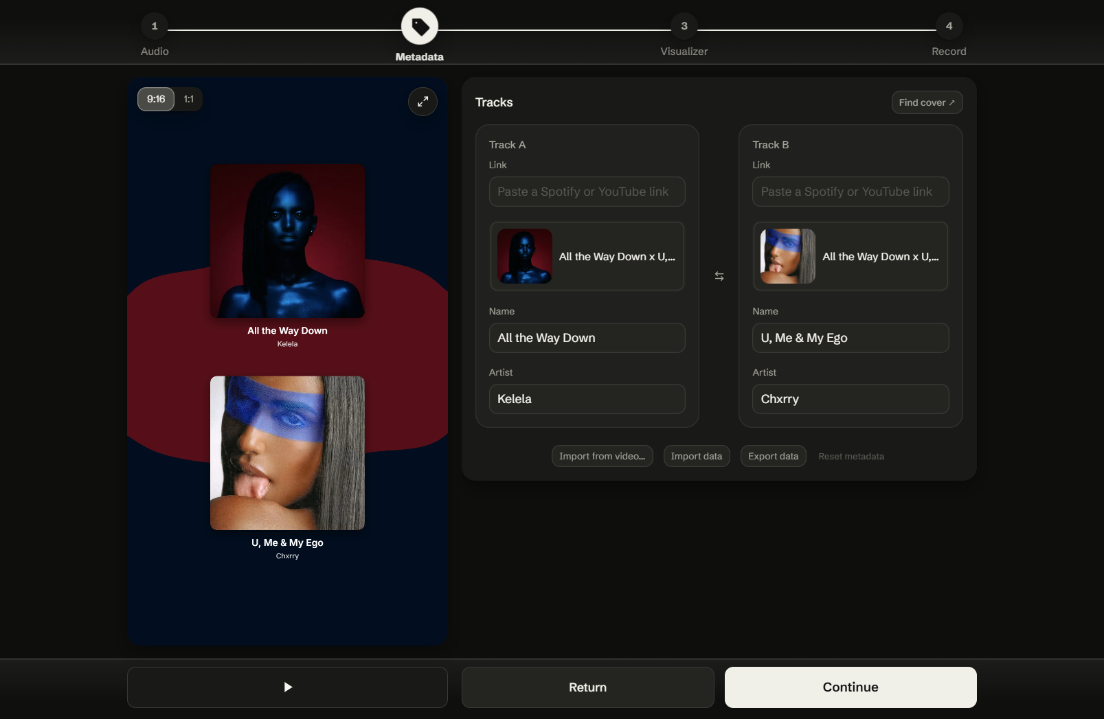 Metadata step: track name, artist, and cover for each of the two songs, with the preview showing both covers