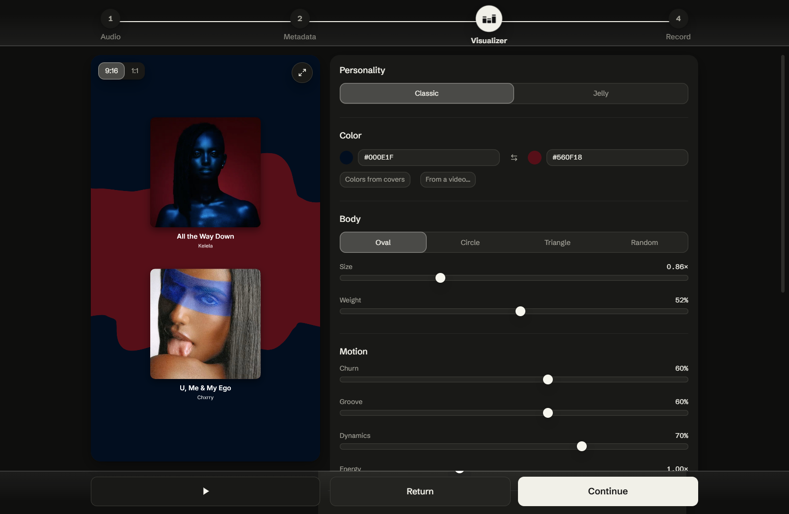 Visualizer step: personality, color, body shape, and motion controls beside the live preview