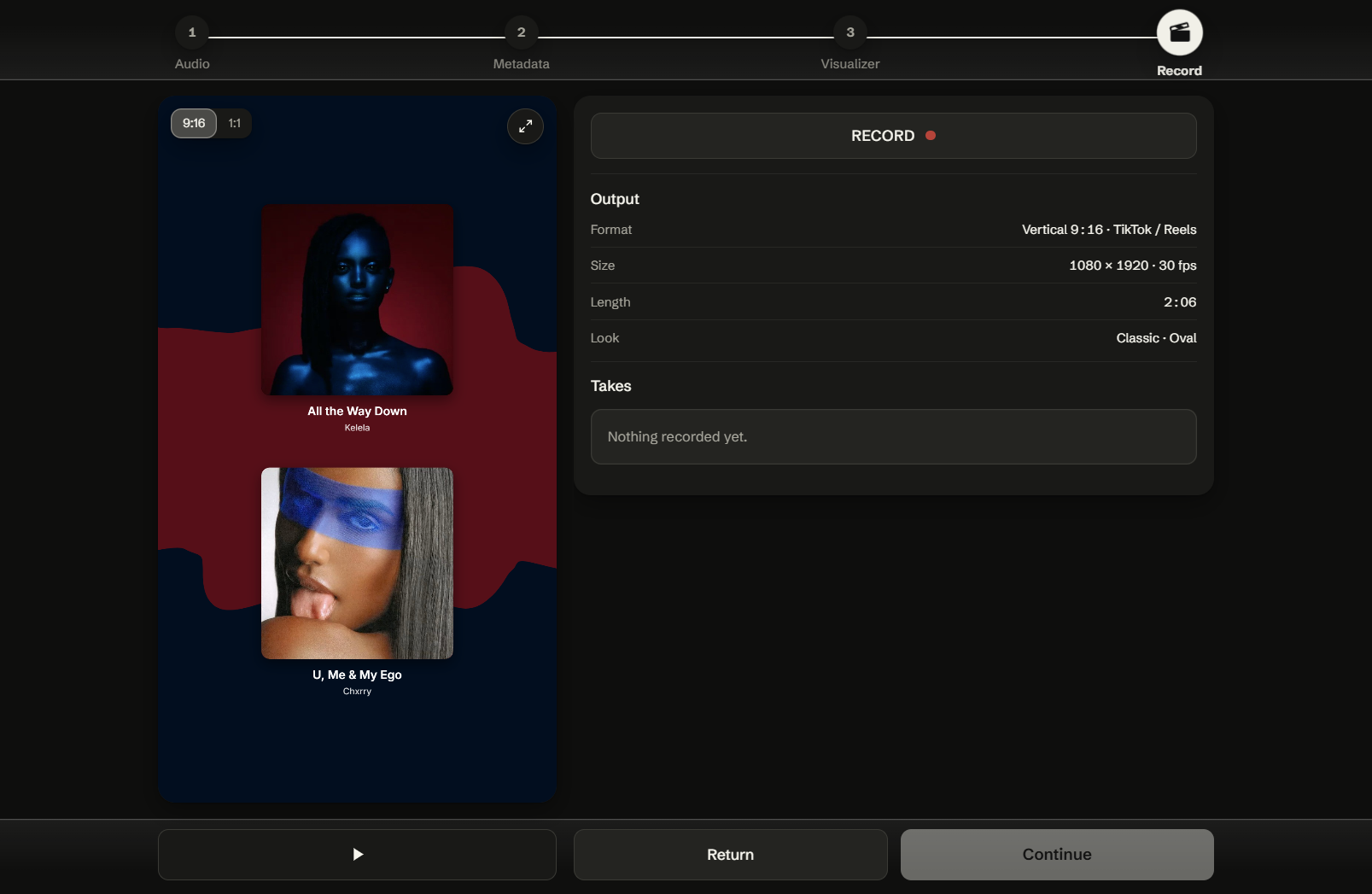 Record step: output format, size, length, and look summary with the record button and takes list