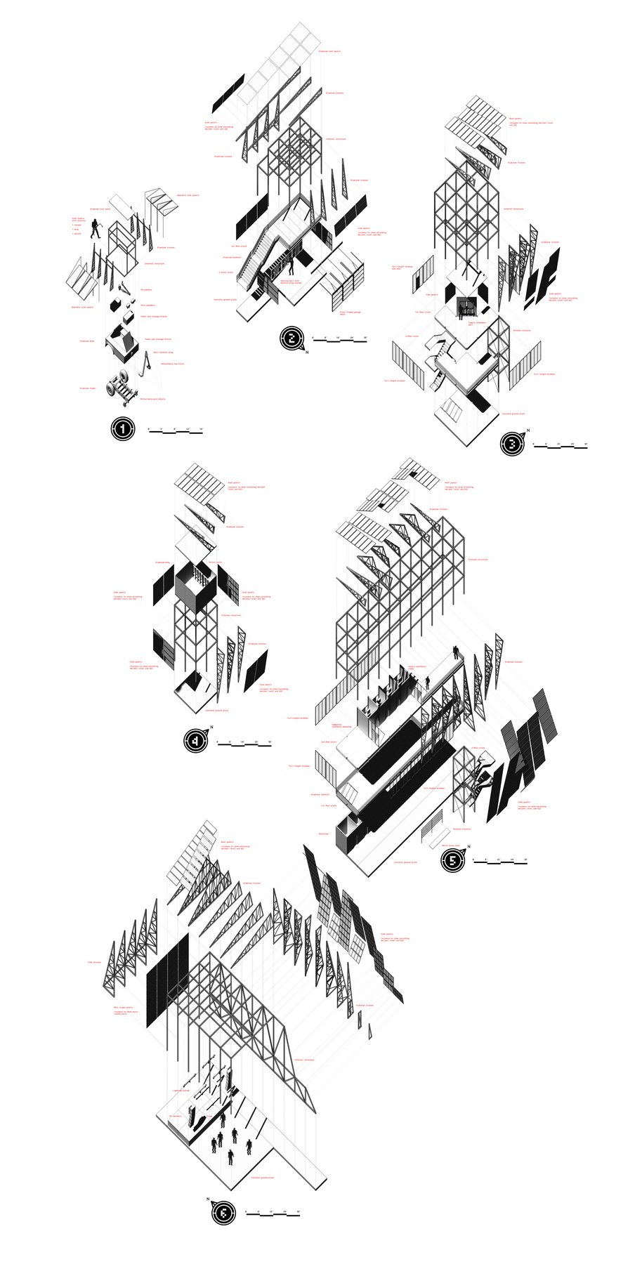 Exploded axonometric structural diagrams of each space